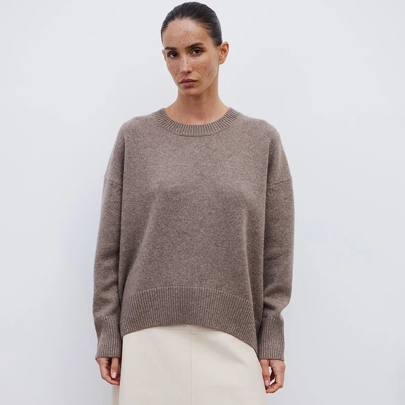 

O neck Long Sleeve Sweater For Women Solid Loose Knitted Pullovers 2025 Autumn Winter Casual Splice Female Knitwear Top