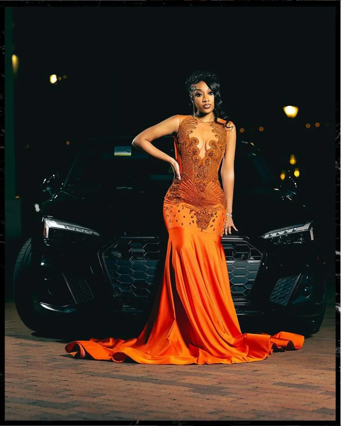 Noble Orange Prom Dresses New Sequins Encrusted Diamonds Glitter Beaded Decoration Party Dresses African Girl Style Cocktail Dre