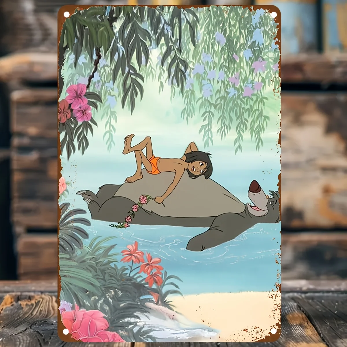 The Jungle Book - Letrero de hierro vintage de 8.0 x 12.0 in con diseño de Mowgli y Baloo, decoración rústica para jardín al aire libre para porche,