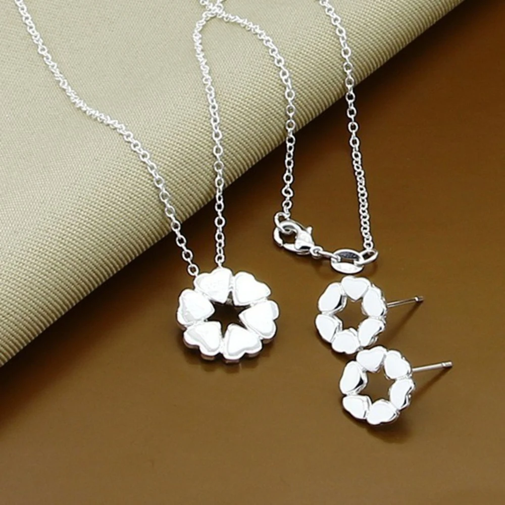 

925 Sterling Silver Round Heart Pendant Necklace Earrings Set Birthday Anniversary Wedding Party Gift