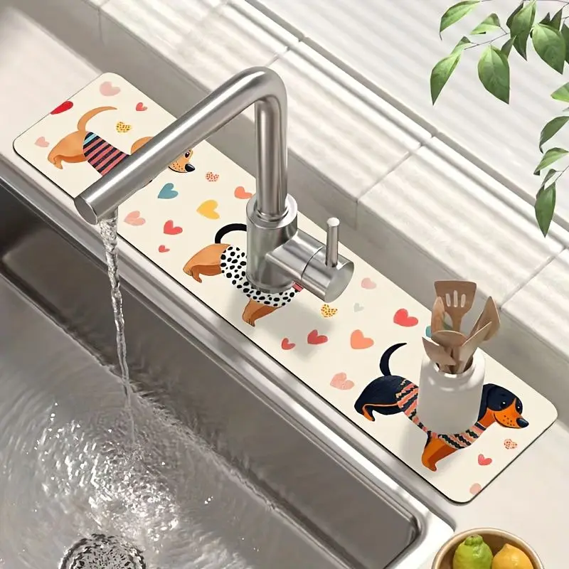 VIKAMA Cartoon Dachshund Faucet Mat Diatomite Super Absorbent Non Slip Kitchen Sink Tap Splash Draining Pad Home Decor