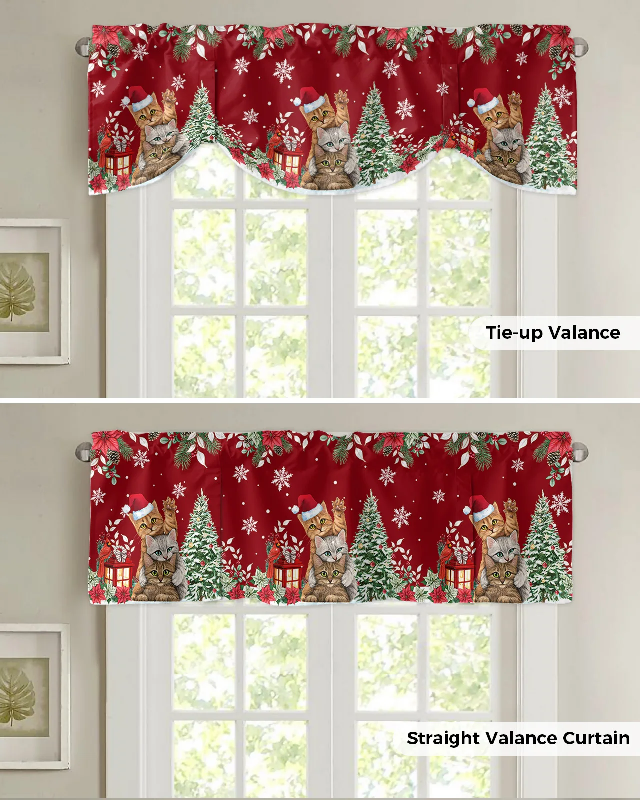 Christmas Poinsettia Cat Snowflake Window Curtain Living Room Kitchen Cabinet Tie-up Valance Curtain Rod Pocket Valance