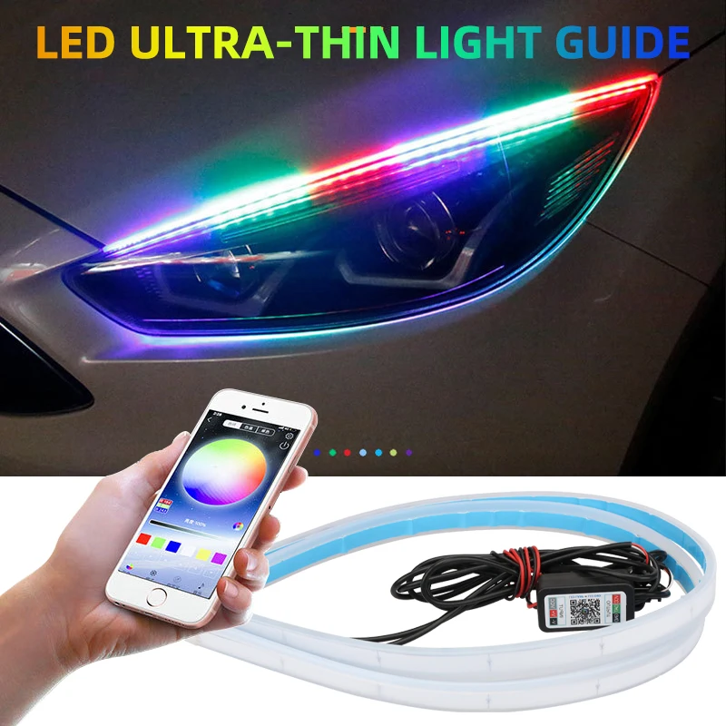 2Pcs 30CM/45CM/60CM Car LED Flexible RGB Daytime Running Light Strip APP Control LED Turn Signal Light Bar Flowing Driving Light