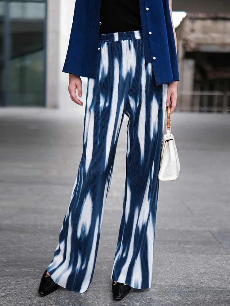 

Синие брюки с принтом, прямой крой, не мнущиеся, драпированные, универсальные, длинные, женские, оригинальные, с высокой талией...