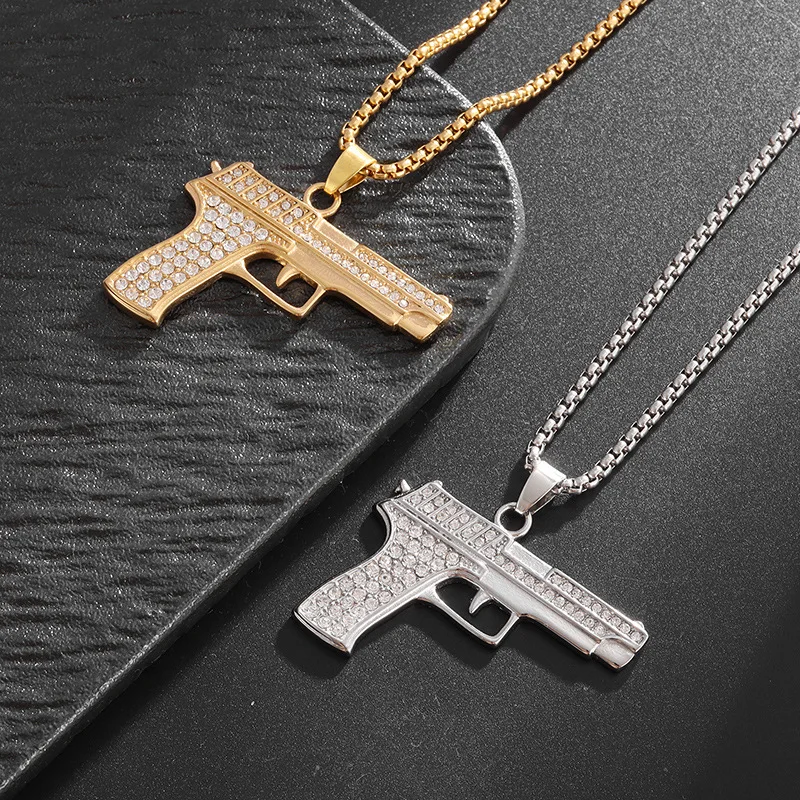 Bling Gun Pendant Necklace for Men, Hip Hop Punk Crystal Rhinestone Chain, Gothic Rock Jewelry, Unique Masculine Gift for Him