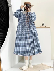 Vintage Plaid Cotton Linen Dresses Women Autumn Japanese Mori Girl Doll collar Bow Button Long Sleeve Midi Dress Female Vestidos