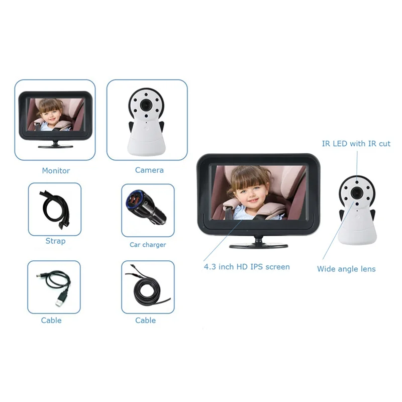 B03B-Monitoreo seguro de niñera para bebés, Monitor de vídeo para coche de 4,3 pulgadas con visión nocturna y conversación de Audio
