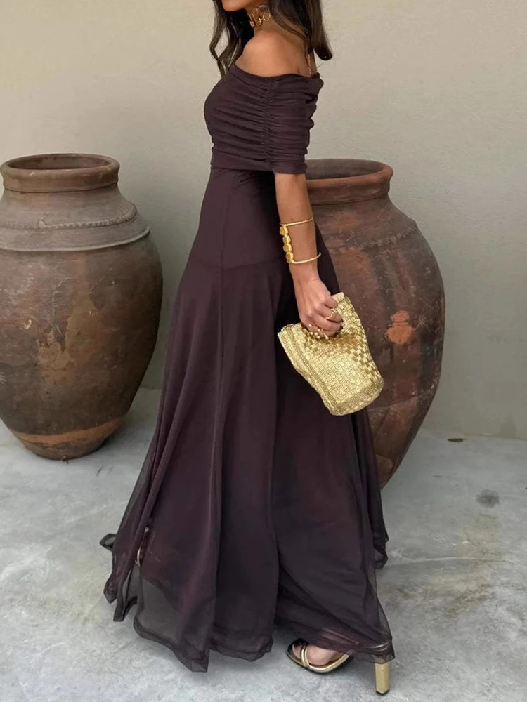 Women Diagonal Collar Summer Solid Long Dress Female Sleeveless Backless Pleated Party Dress 2023 Casual Streetwear Maxi Dresses