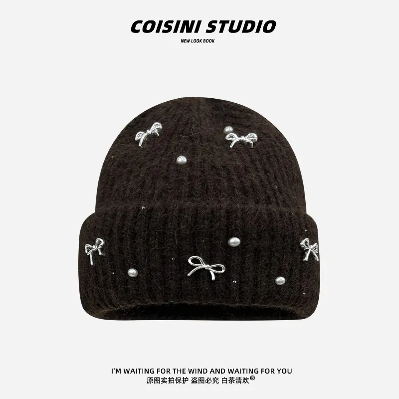 Koreanische Schleifenkappe mit Perlen für Damen, Herbst und Winter, einfache, warme, große Ohrenschutz-Strickmütze. – Detail 5