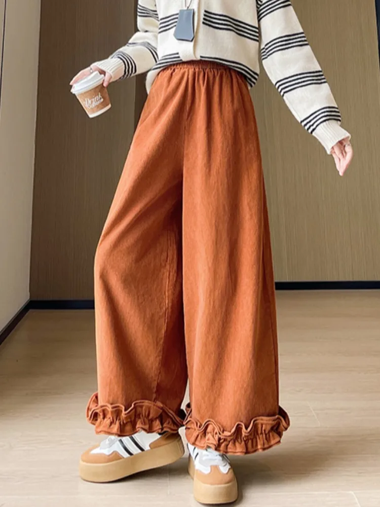 Spodnie sztruksowe damskie w kolorze cytrynowego żółtego, szerokie nogawki, jesienno-zimowe, słodkie, miękkie, z wysokim stanem, codzienne, proste nogawki.