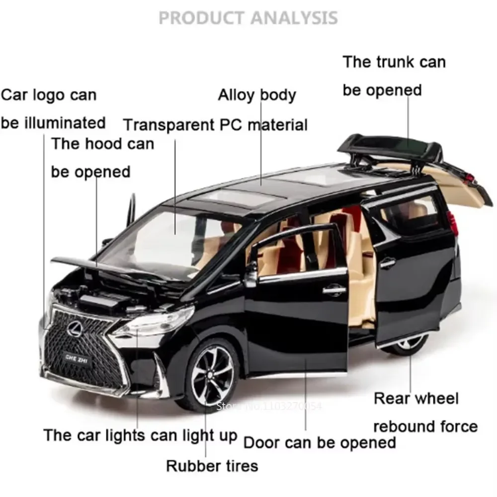 1:24 Denza D9 LM300H coches de juguete modelo en miniatura tirar hacia atrás música con luz MPV en miniatura neumáticos de goma vehículo para niños juguetes educativos