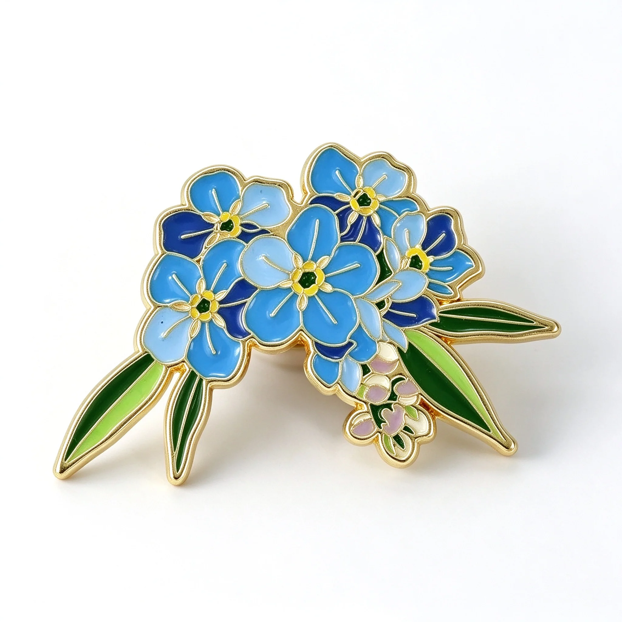 Blue Forget-Me-Not Flower Bouquet Green Leaves Gold Outline Enamel Brooch Floral Coat Scarf Backpack Badge Gift 1 Piece