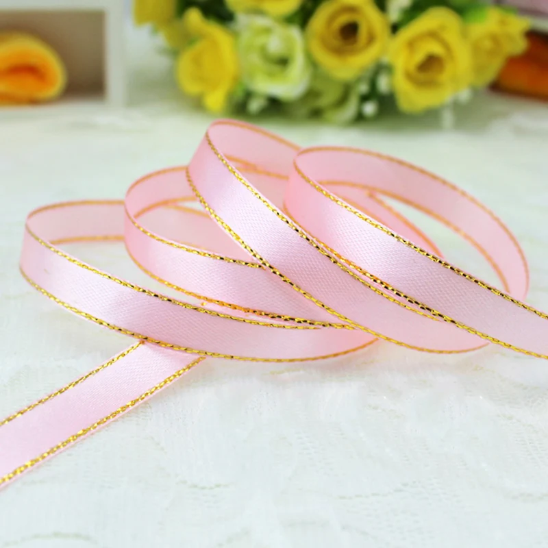 (25 yards/lot)3/8\'\' (10mm) satin ribbons black golden edge ribbon wholesale high quality gift packaging ribbons