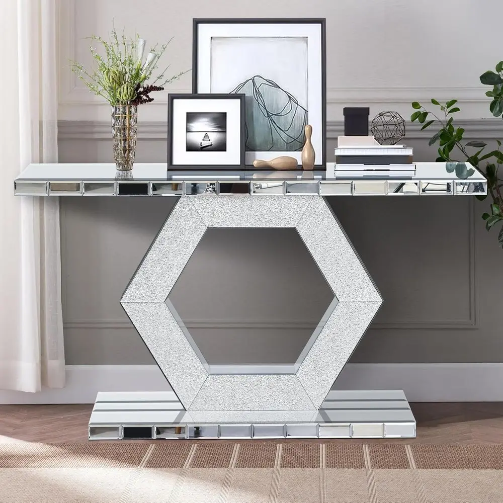 

55 Mirrored Console Table with Crystal Hexagon Base for Entryway or Living Room