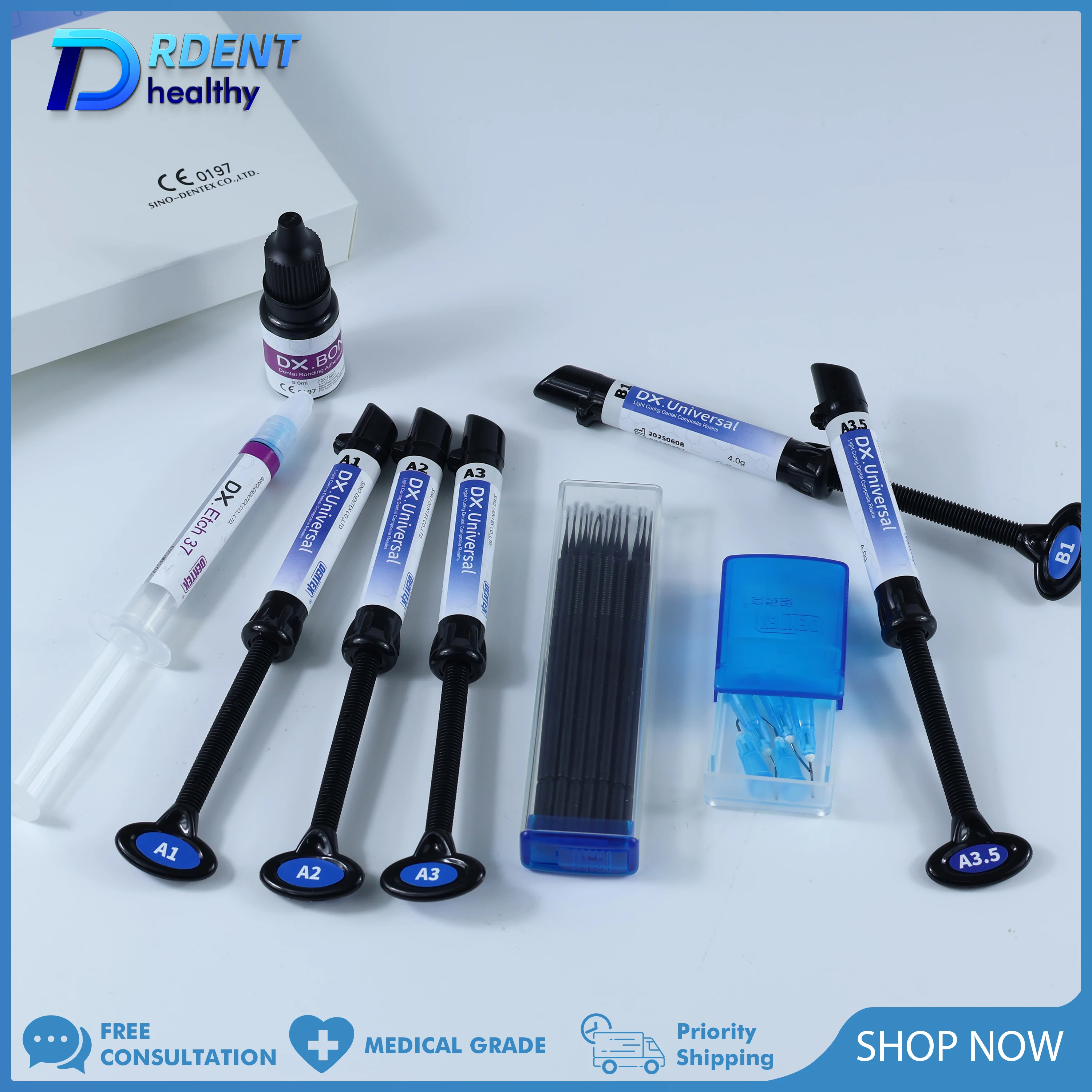 DX Dental Universal Flowable Resin Curing Light Glue Composite Adhesive Bonding/Etch Gel Kit Restoration Resin Dental Adhesive