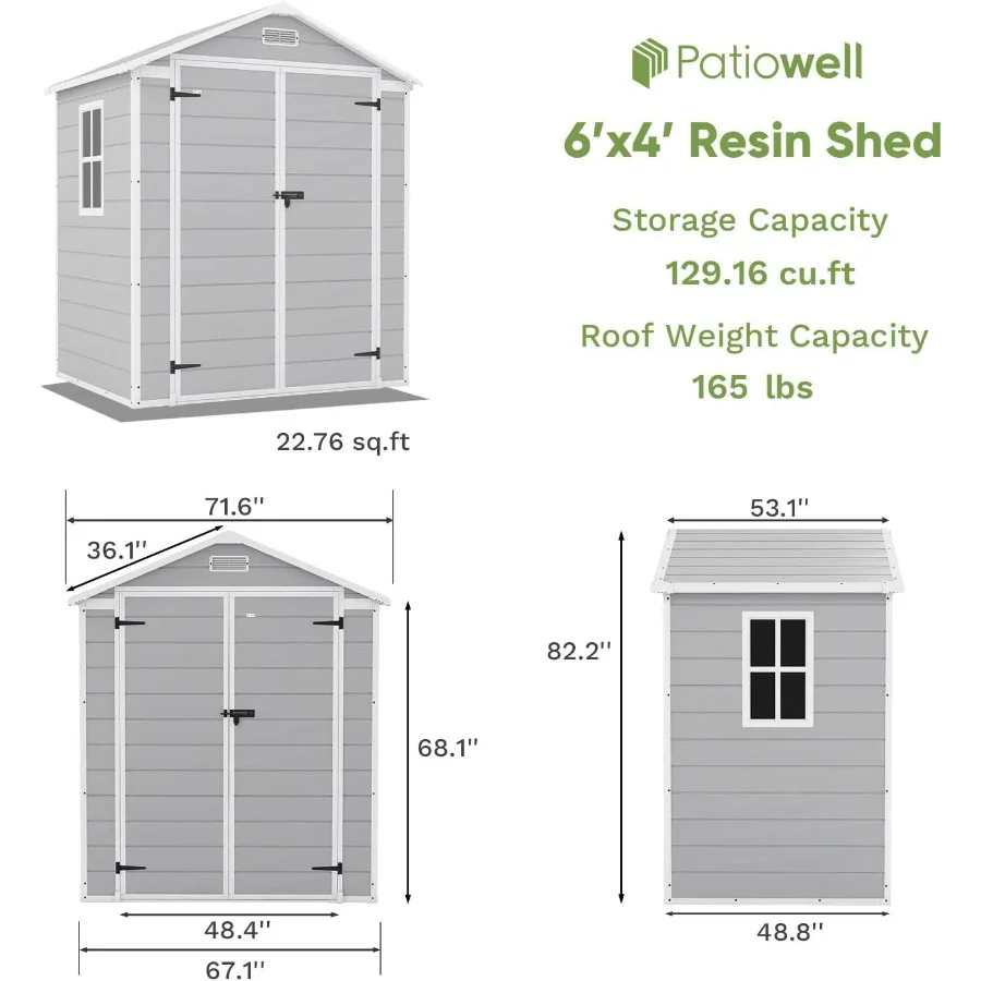 Outdoor storage shed for feet use, resin material, gray color, weather-resistant and includes floor
