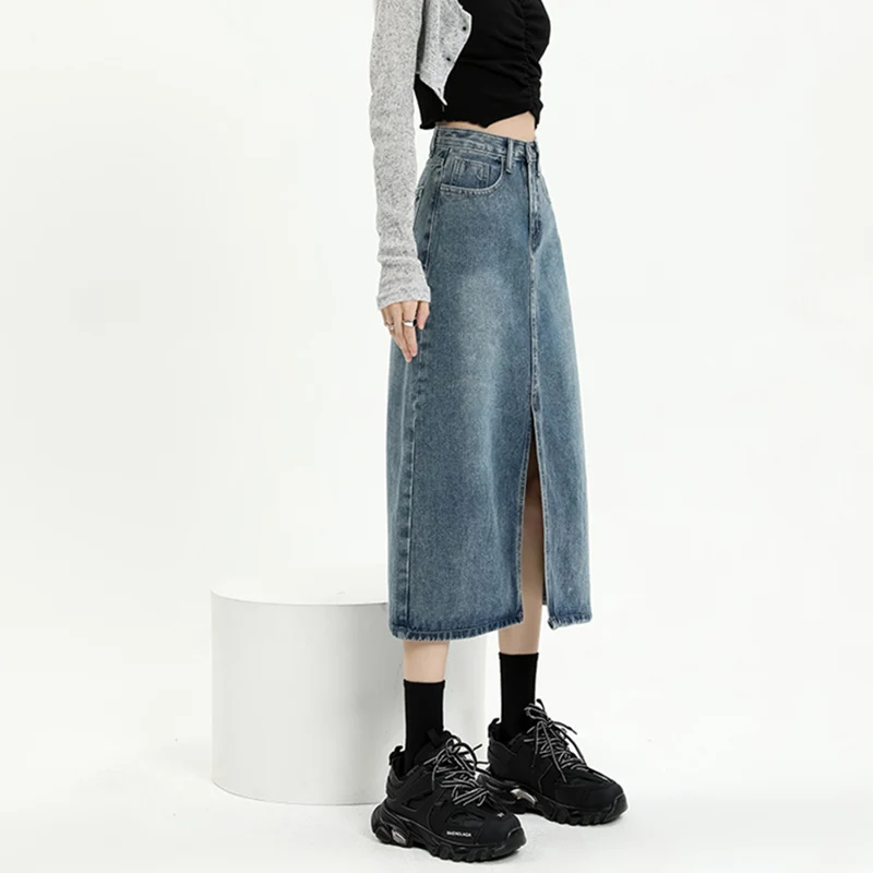 Summer New Korean Fashion Design Sense High Waist Slim Split Denim Skirt Women's Button Pocket Zipper Personalized A-line Skirt