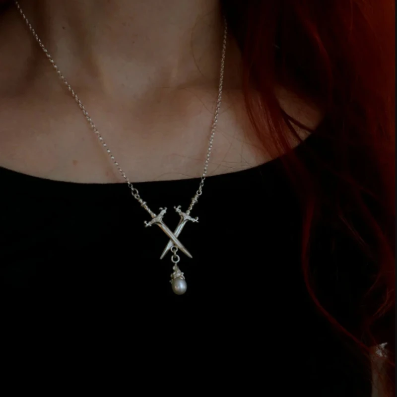 Gothic Crossed Sword Necklace Imitation Pearl Pendant, Silver Color Punk Dagger Chain, Vintage Dark Aesthetic Jewelry for Women
