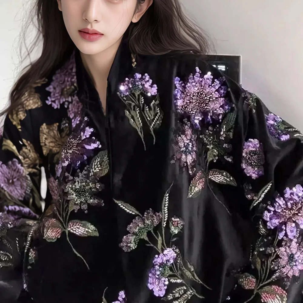 Chinese National Embroidery Jacket Women Beautiful Sequins Temperament Jacquard Ethnic Coat For Spring Autumn