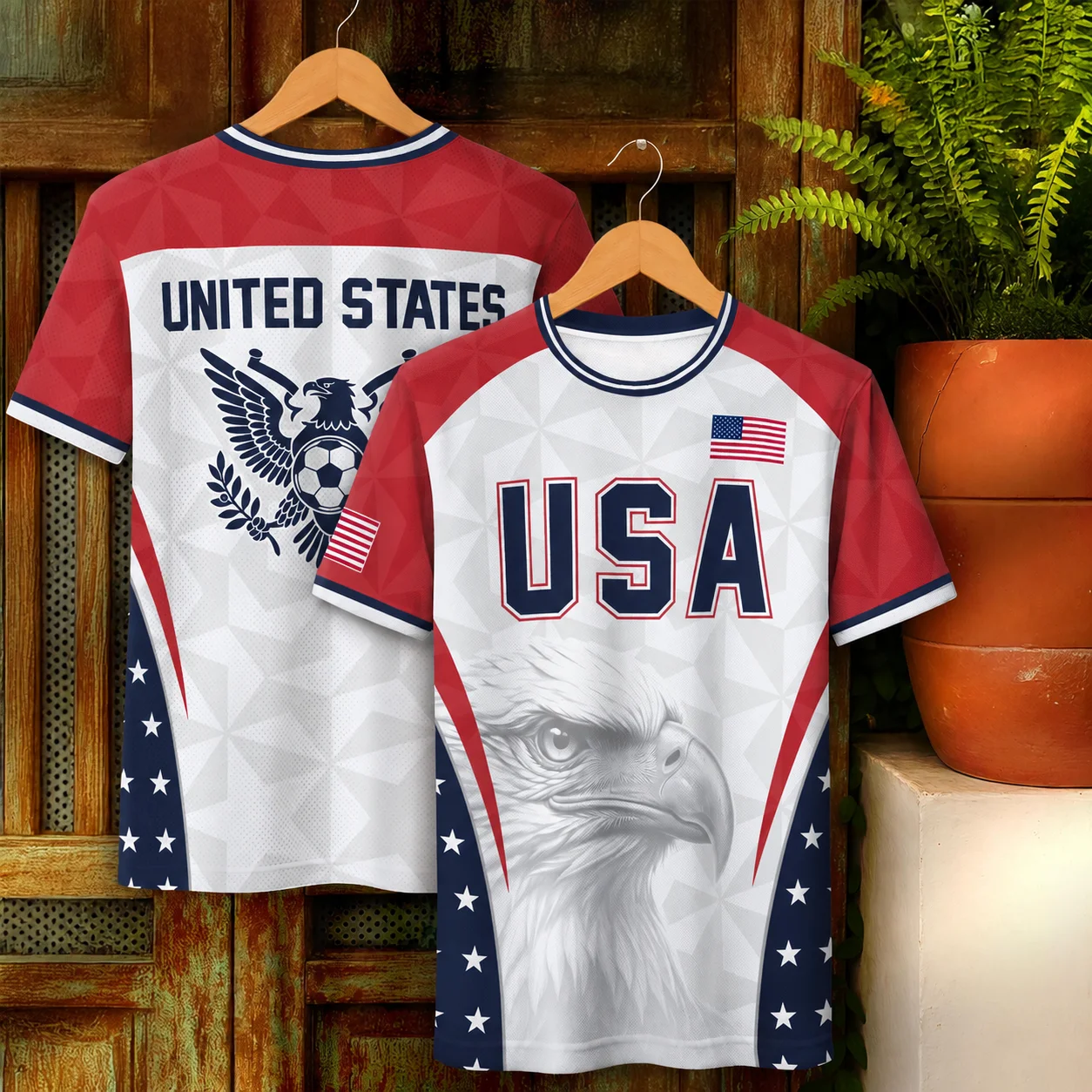 USA Mens Soccer Jersey Bald Eagle Print White Geometric Pattern Red Sleeves Navy Star Panels Short Sleeve Football Fan Shirt