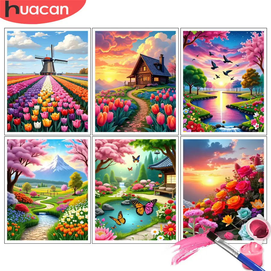 HUACAN Malen nach Zahlen, Kits, niederländische Windmühle, Szene, künstlerisches Blumenmuster, DIY-Ölgemälde, Landschaft, Kunsthandwerk, Handbemalung, Heimdekoration