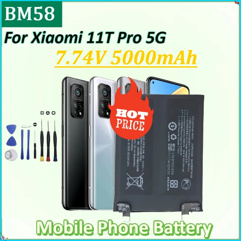 

For Xiaomi 11T Pro 5G/ Mix 4 Phone Replacement Batteries New BM58 7.74V 5000mAh Mobile Phone Battery + Tools