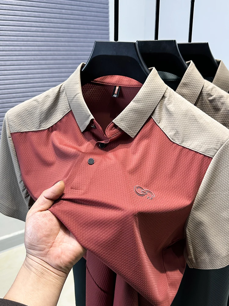 

High end ice silk brand polo shirt men's short sleeved summer men's color blocked waffle mesh T-shirt half sleeved slit top