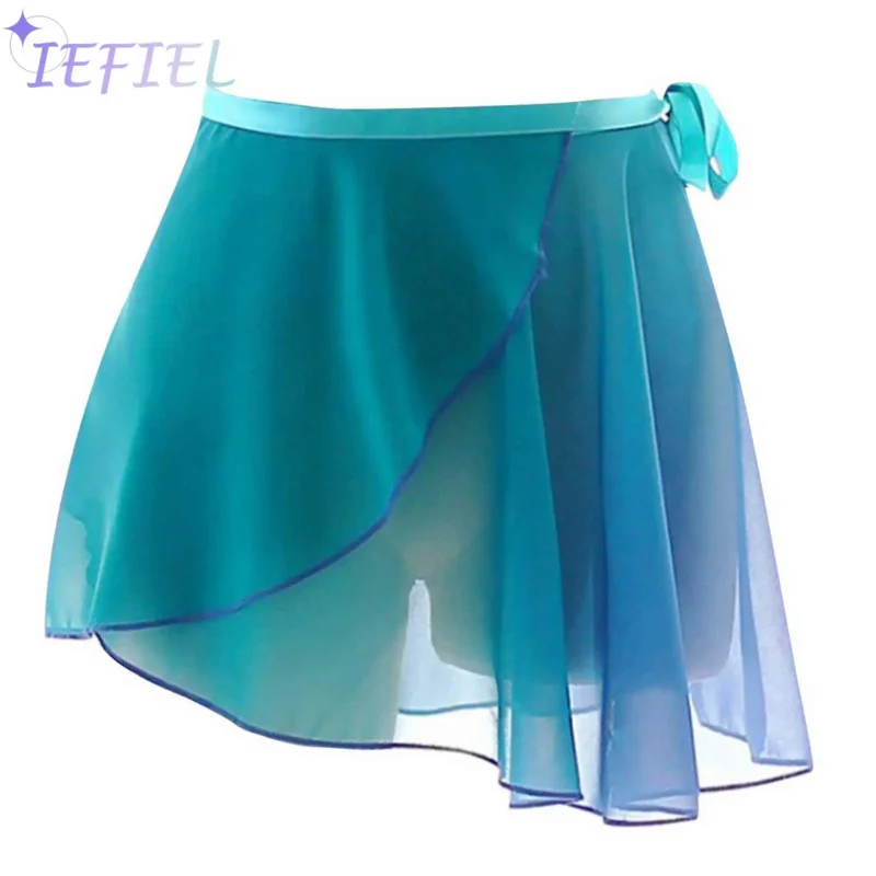 

Women Girl Lace-up Gradient Chiffon Ballet Dance Training Gymnastics Wrap Scarf Short Skirt Bikini Cover Ups