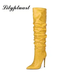 European and American Style Pointed Toe Pleated Knee-length Boots Stiletto Super High Heel Women's Shoes Size 43 Women Shoes