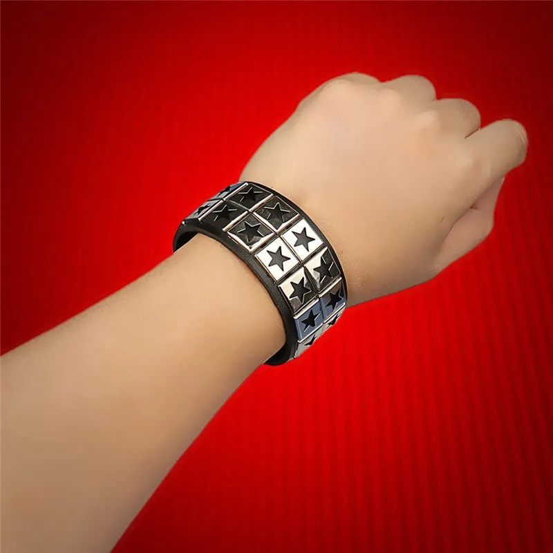 1PC Punk Double Stars Pu Leather Wristbands Bracelet Bangle 80s Fashion Style Women Men Jerwerly Gifts