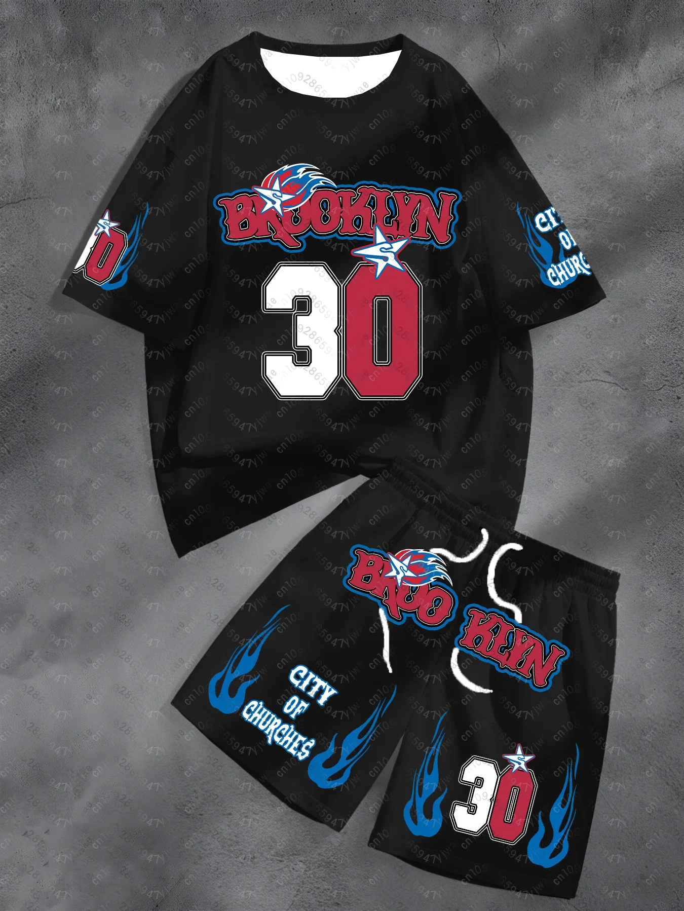 

Summer Men's Casual Brooklyn NO.30 Print Short Sleeve T-Shirt & Shorts Set Round Neck Short Sleeved Women's T-shirt Shorts Set