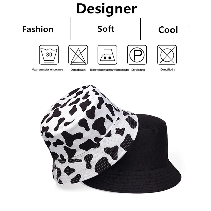 Unisex Cow Print Double-side Personality Bucket Hats Fishermen Caps Outdoor Casual Cap Sunscreen Hat