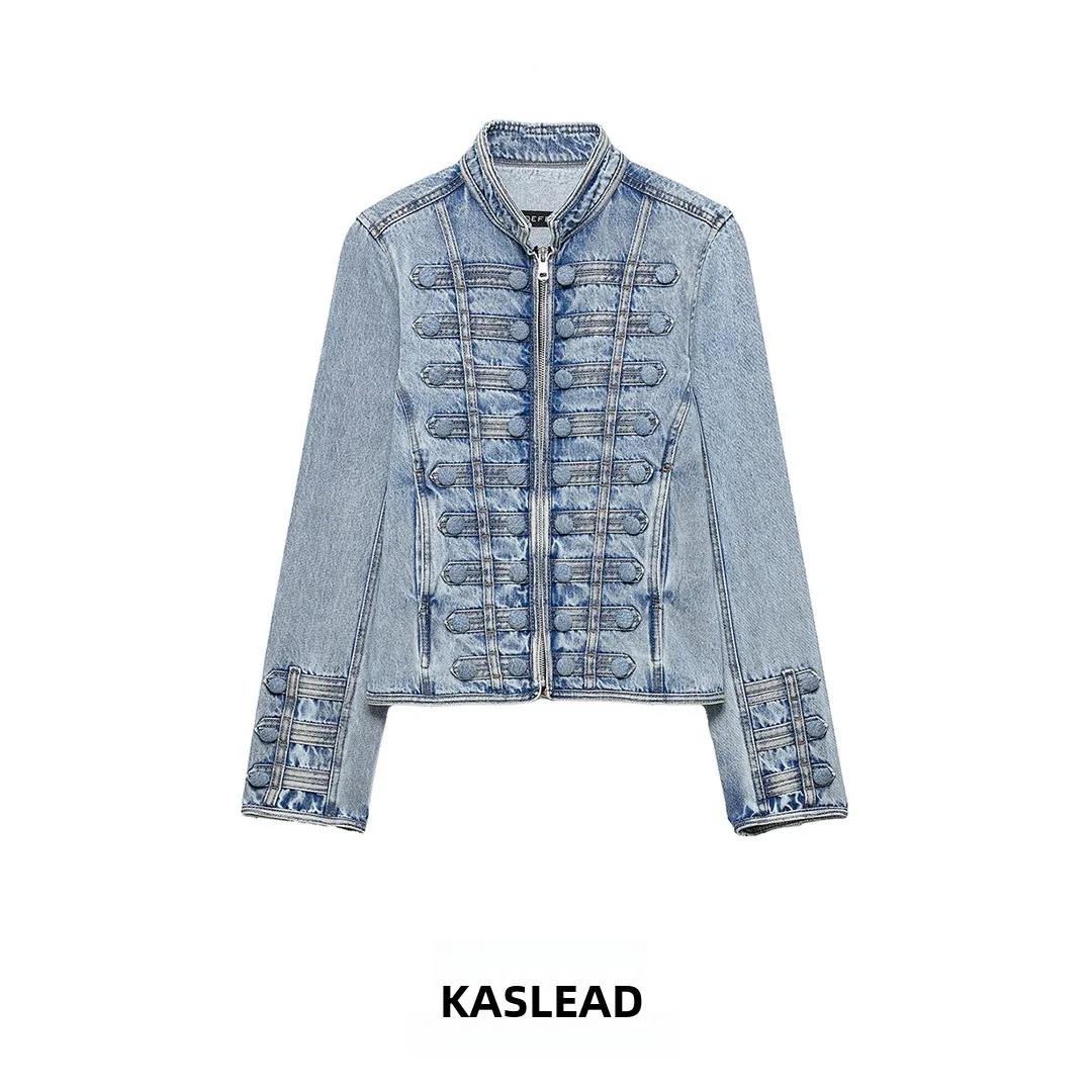 

KASLEAD Fashionable Women's Denim Jacket with Waist-Cinching Buttons Long Sleeve Polyester Fiber European Style Summer 2026