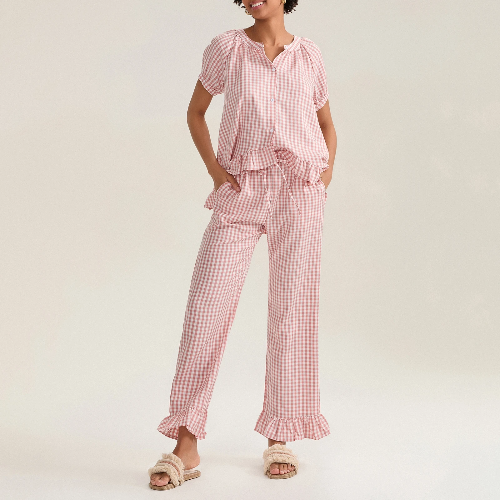 Women’s 2 Piece Pajama Set Short Sleeve Plaid Print Button Up Shirt + Ruffle Pants Set Sleepwear Loungewear