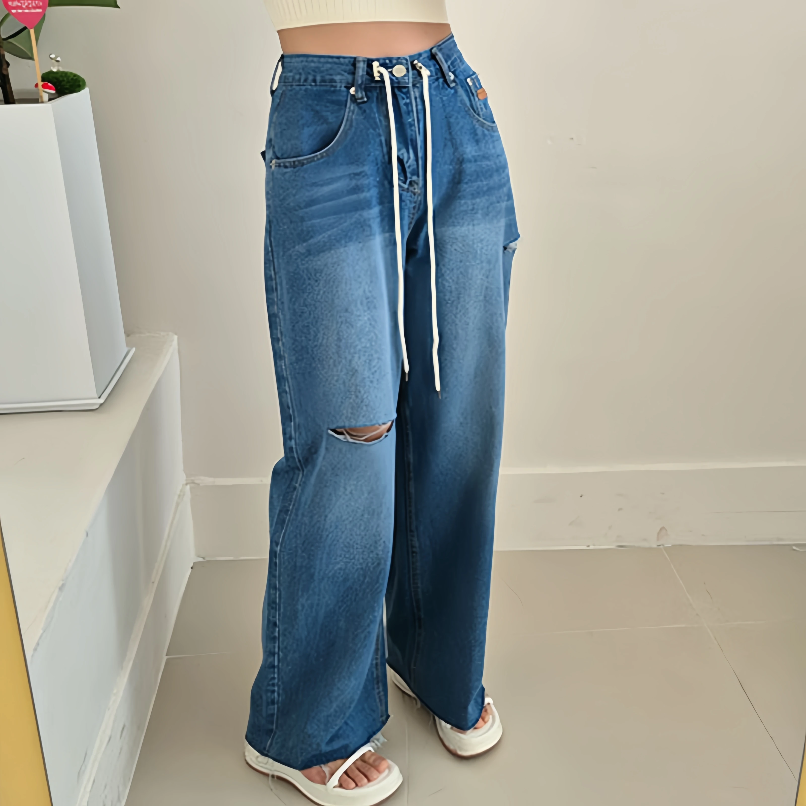 

Spring Summer Vintage Hole Denim Wide Leg Pants 2025 New High Waist Lace Up Street Washed Casual Loose Jeans Pant Pockets Female