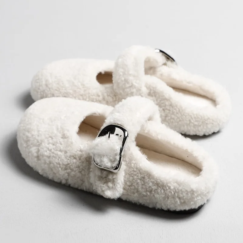 Winter Fashion Fuzzy Buckle Strap Warm Comfort Women's Cotton Slippers 2026 New Simple Style Soft Soled Casual Women Shoes