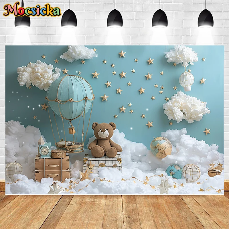 Mocsicka Photography Background Hot Air Balloon Bear Decor Cake Smash Kids Birthday Party Newborn Shower Backdrop Photo Studio