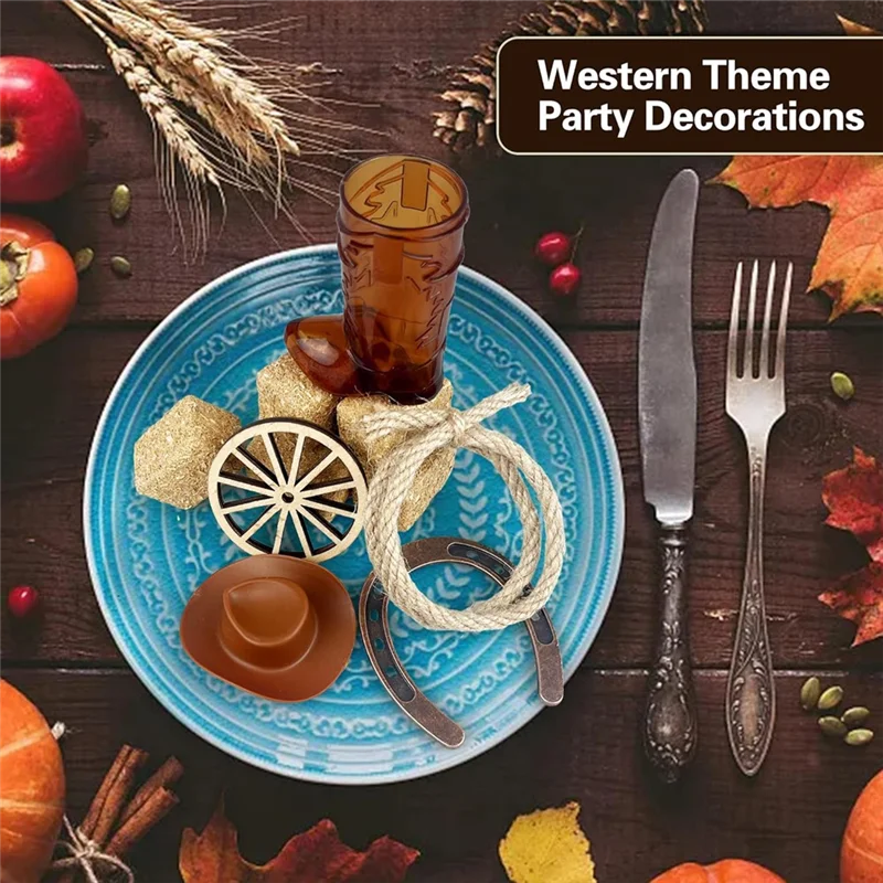 ABXF-bolsas y cuerdas de heno con ruedas, 42 Uds., Mini centros de mesa occidentales de herradura, botas de vaquero marrones y sombrero, regalo para manualidades, cumpleaños