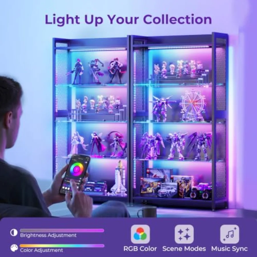 Display Case with Glass Shelves, RGB Light 4-Tier Display Cabinet view 3