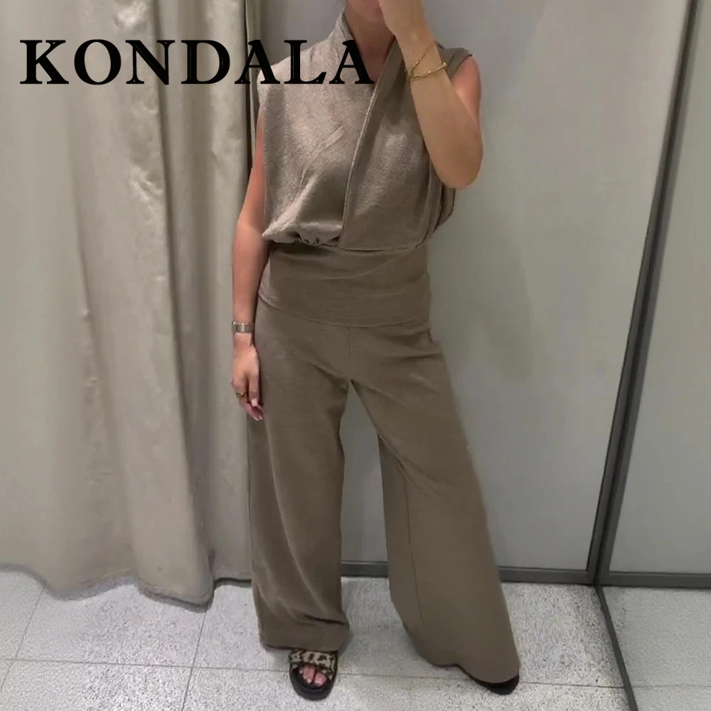 

KONDALA Vintage Solid Casual Fashion 2025 Woman Suit Cross-over Folds Vest+Elastic Waist Wide Leg Long Pants Elegant Mujer Set
