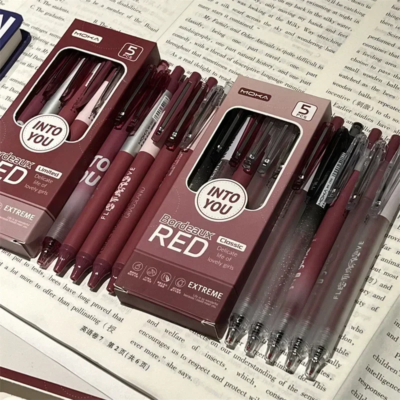 5pcs Cute Gel Pen Retro American Style Red Color Series Stationery Gel Pen 0.5mm Black Ink Scrapbook Pen Back To School Student