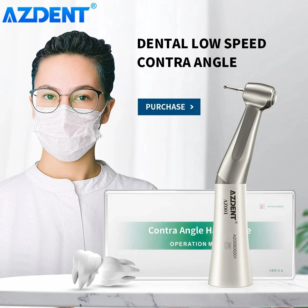 1PC Dental Low Speed Handpiece AZDENT Contra Angle 1:1 for Dentists Push Button Type Dentistry Instrument Compatible Air Motor