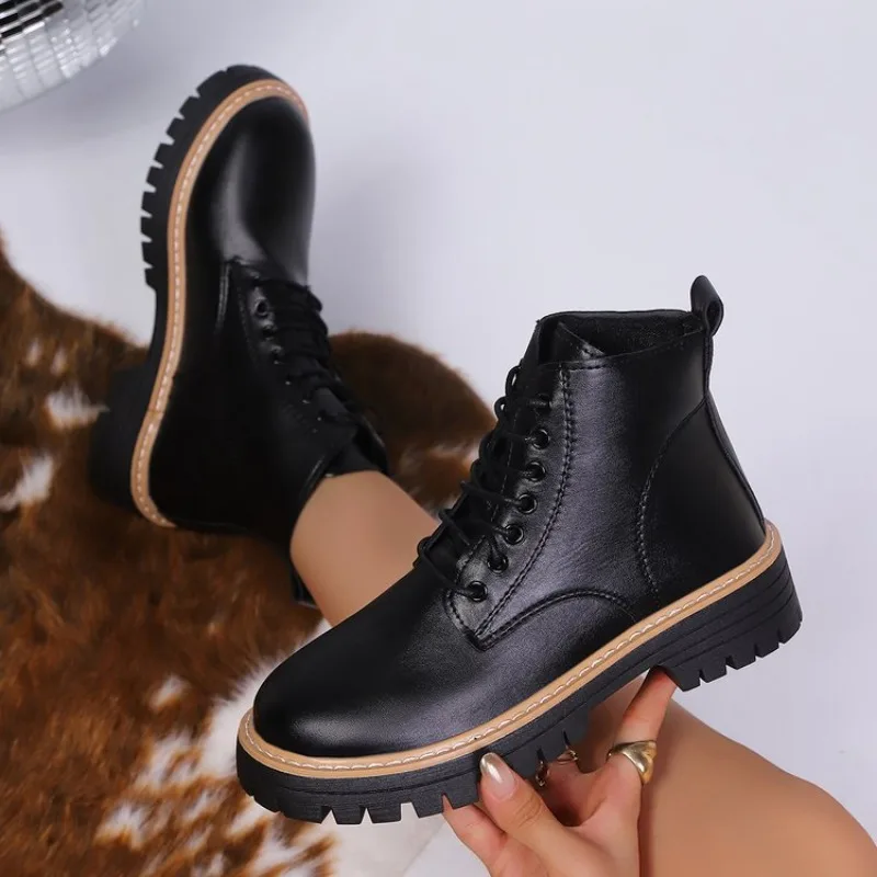 Women's Ankle Boots Round Toe Low Block Heel Front Lace-Up Leather-Look Short Boots Contrast Stitching Casual Chunky Footwear