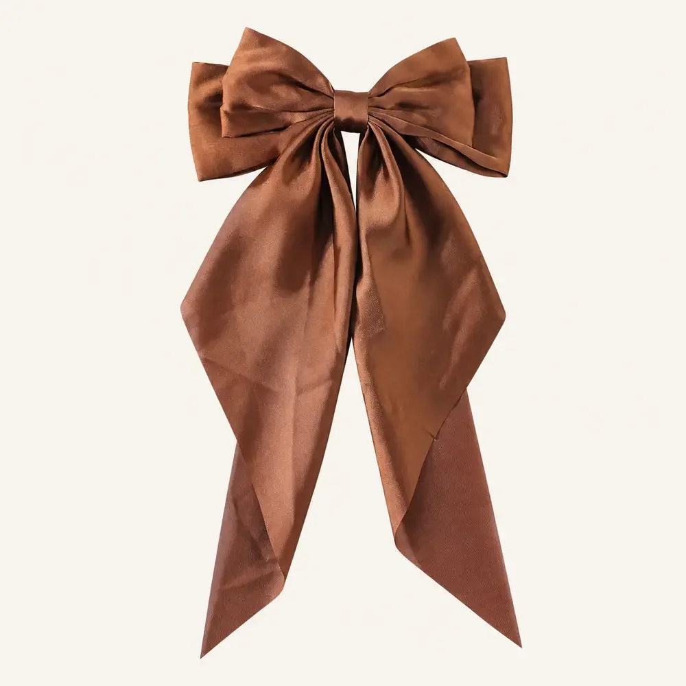 Satin Bow Hair Clips Antique Bronze 3 Piece Set Long Ribbon Tails Barrettes Half Up Hairstyles Ponytails Low Buns Party Styling