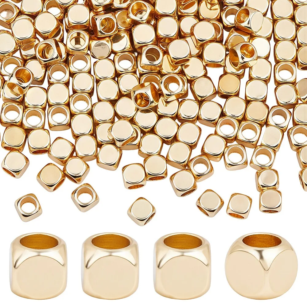 200PCS 14K Gold Plated Cube Beads 4mm Cornerless Cube Spacer Beads Square Metal Large Hole Long-Lasting Spacers for Stackable