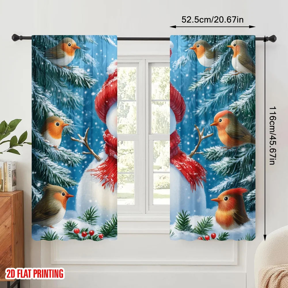 2pcs,2D plane printing Minimalist Curtains Cute Snowman Robin Christmas Winter Polyester Easy Install (without rod) Art Deco
