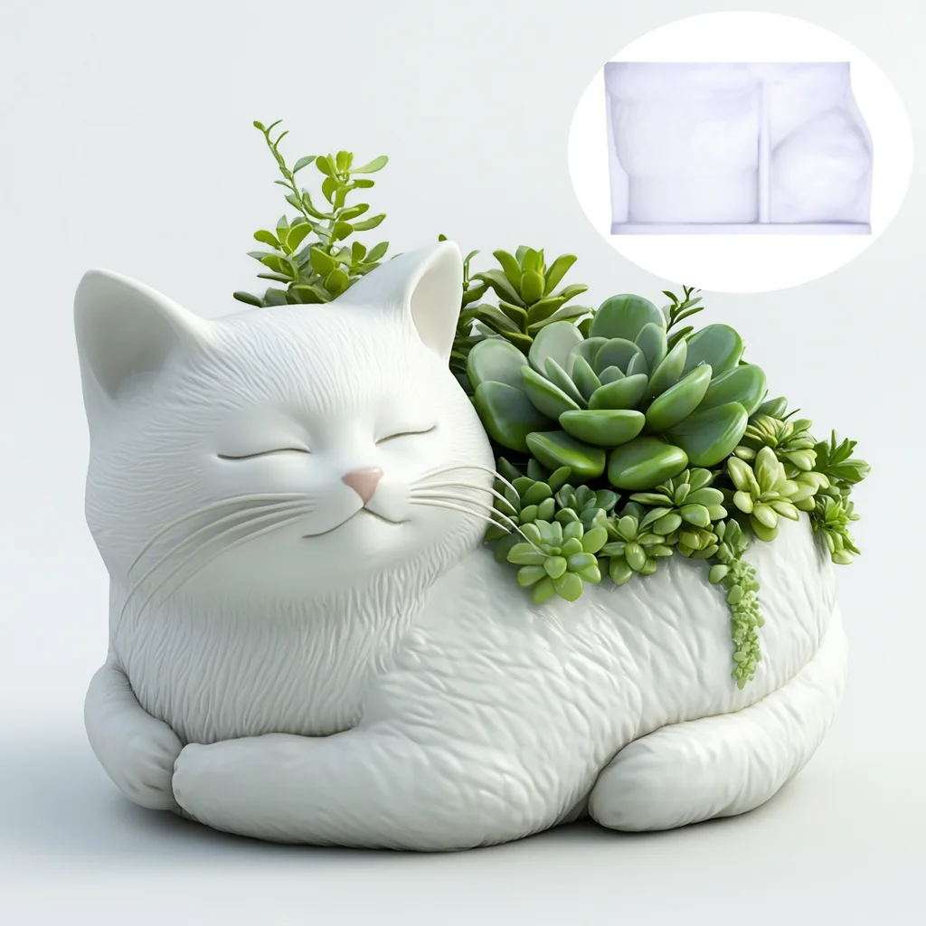 Cute Sleeping Cat Shaped Succulent Plant Flower Pot Resin Silicone Mold Smiling Cat Storage Box Candle Cup Gypsum Mold