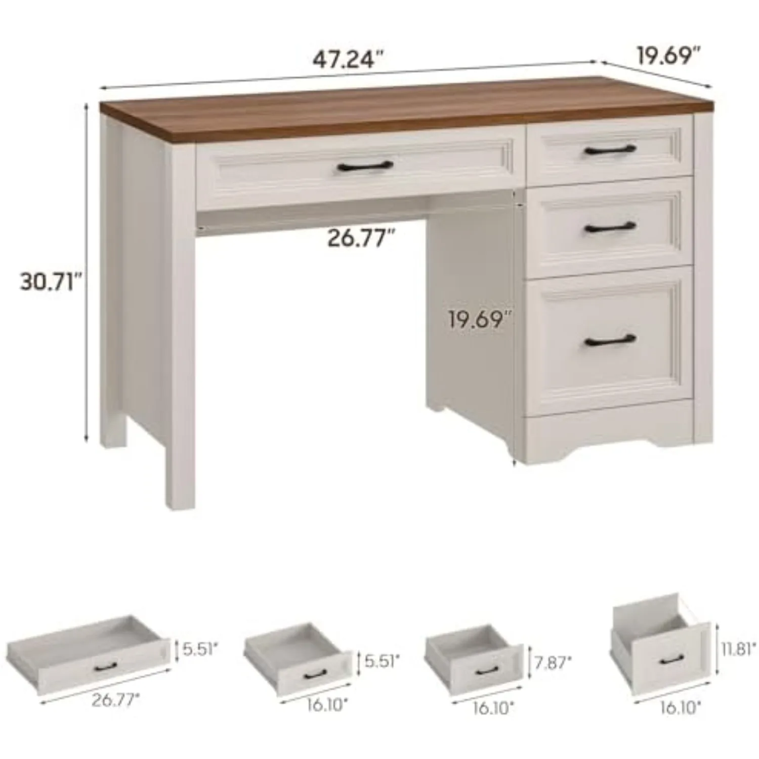 Farmhouse Executive Desk with Storage and Ample File Drawer, Rustic Large Home Writing Desk for Bedroom, White