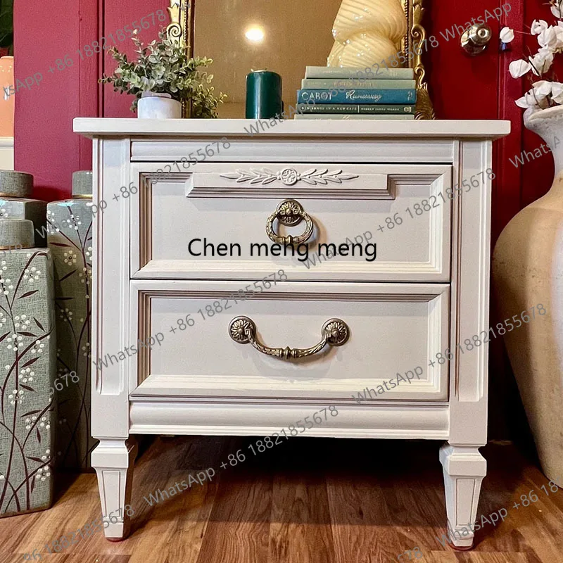 

French vintage bedside table, small apartment, bedroom double side, American style simple solid wood, bedside storage cabinet