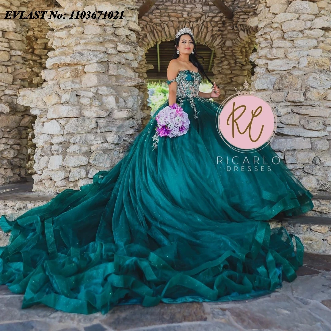 

EVLAST Mexican Dark Green Quinceanera Dress Ball Gown Shiny Lace Applique Beaded Crystals Corset Sweet 16 Vestidos De Anos SQ357